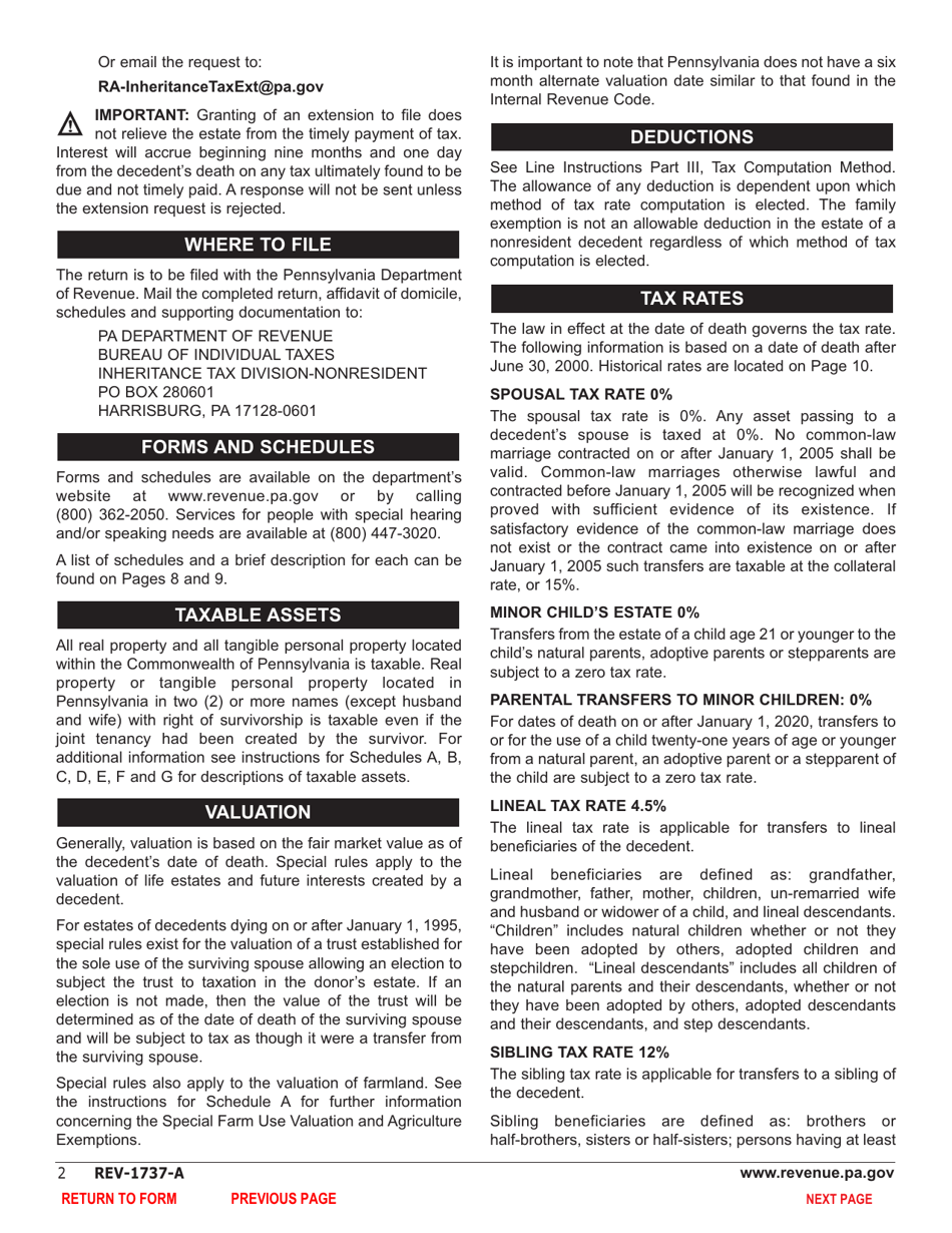 Form REV1737A Download Fillable PDF or Fill Online Inheritance Tax Return Nonresident