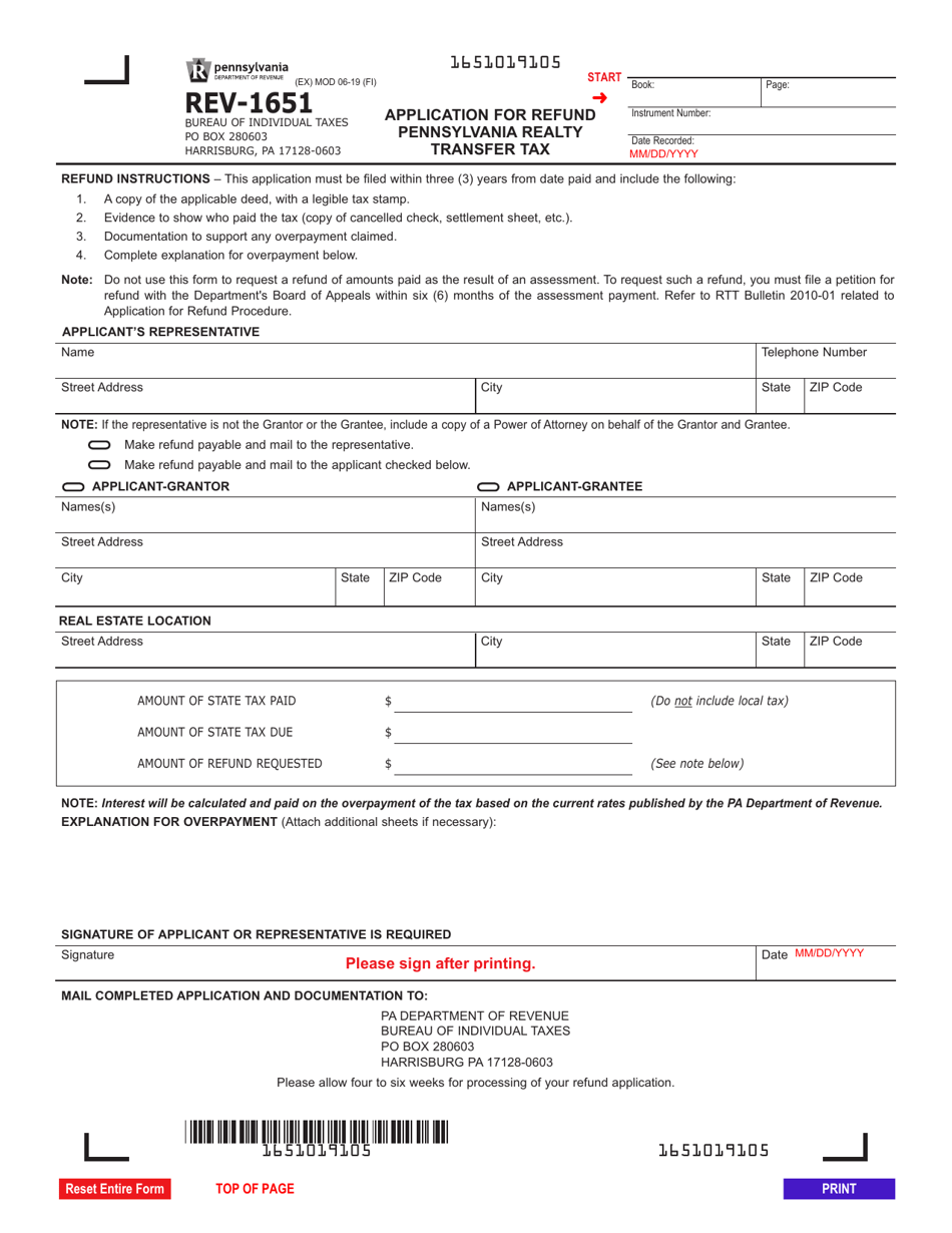 Form REV-1651 Application for Refund Pennsylvania Realty Transfer Tax - Pennsylvania, Page 1