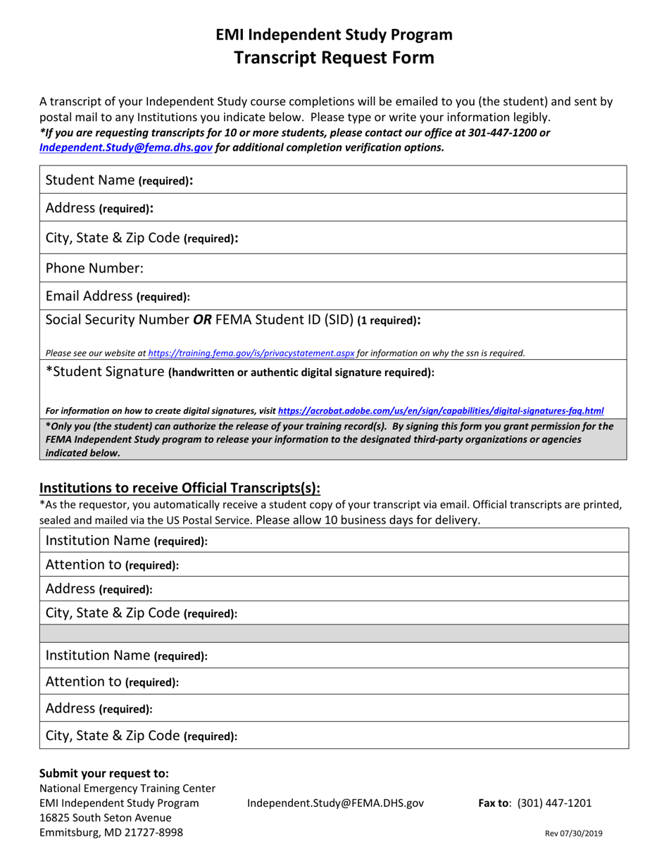 Emi Independent Study Transcript Request Form, Page 1