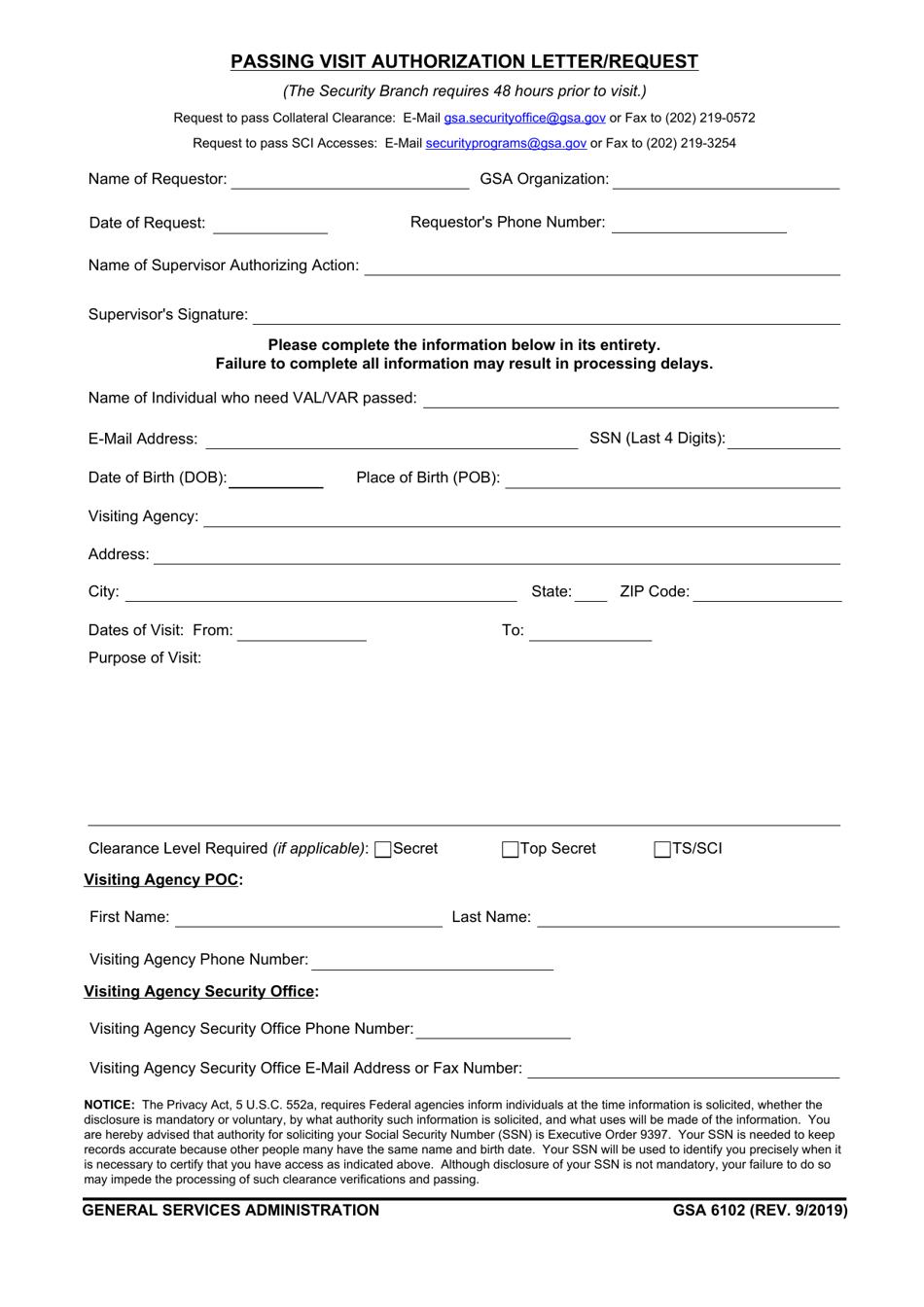 GSA Form 6102 Passing Visit Authorization Letter / Request, Page 1