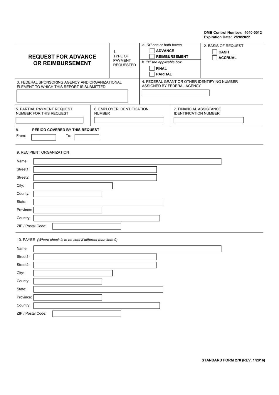 Form SF-270 Request for Advance or Reimbursement, Page 1