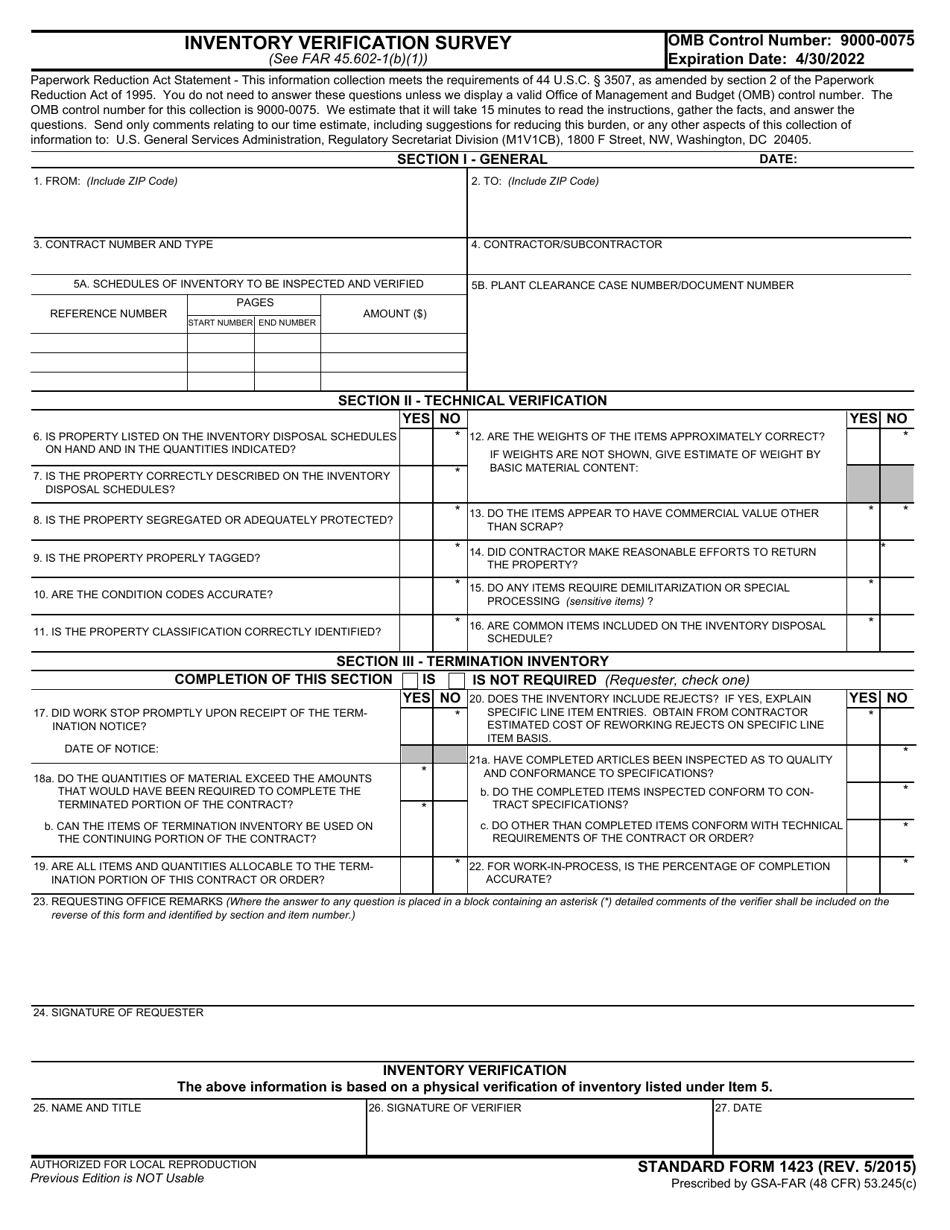 Form SF-1423 Inventory Verification Survey, Page 1