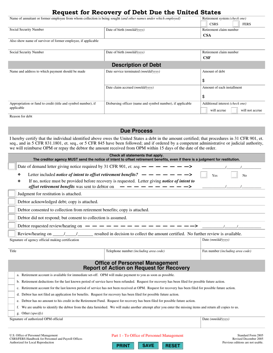 Form SF-2805 Request for Recovery of Debt Due the United States, Page 1