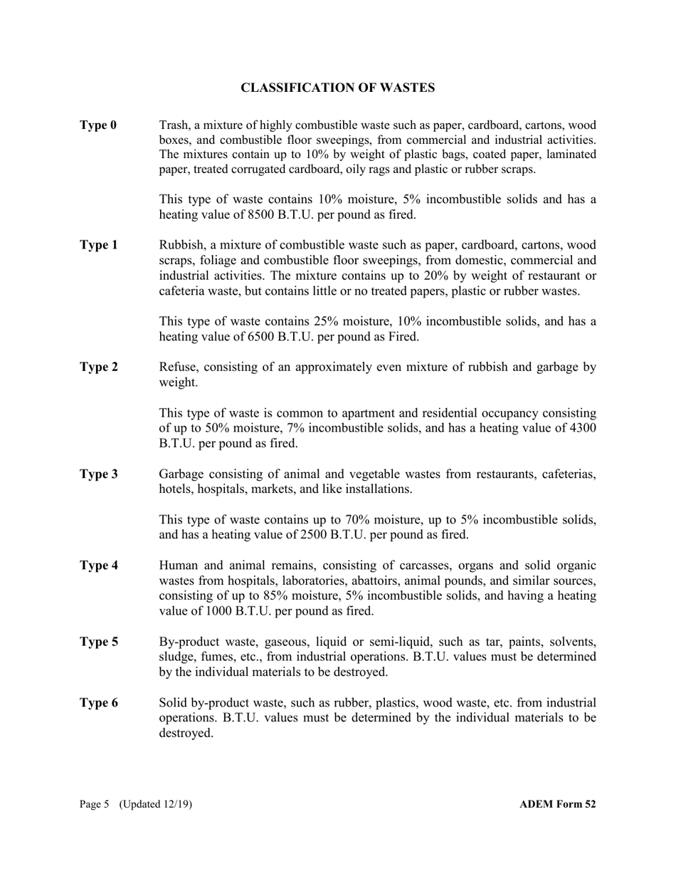 ADEM Form 52 Registration Form for the Construction, Installation, or Modification of an Incinerator - Alabama, Page 5
