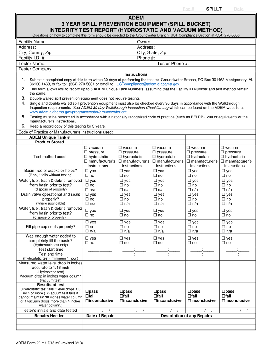ADEM Form 20 3 Year Spill Prevention Equipment (Spill Bucket) Integrity Test Report (Hydrostatic and Vacuum Method) - Alabama, Page 1