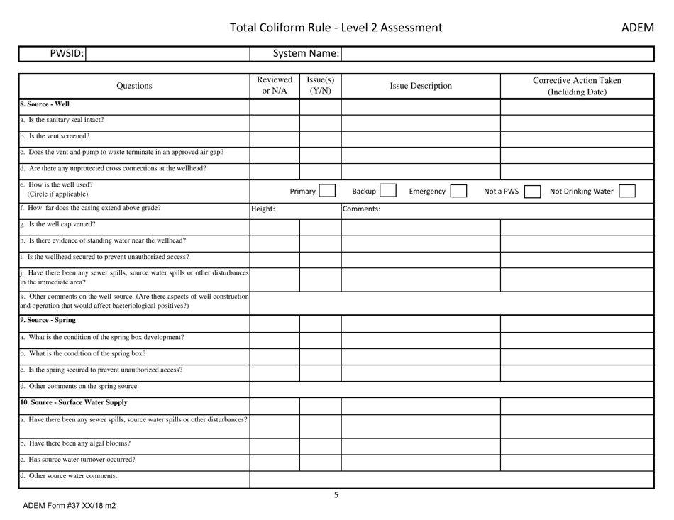 ADEM Form 37 Total Coliform Rule - Level 2 Assessment - Alabama, Page 5