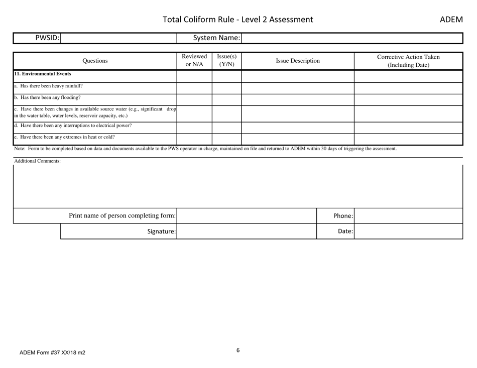 ADEM Form 37 Total Coliform Rule - Level 2 Assessment - Alabama, Page 6