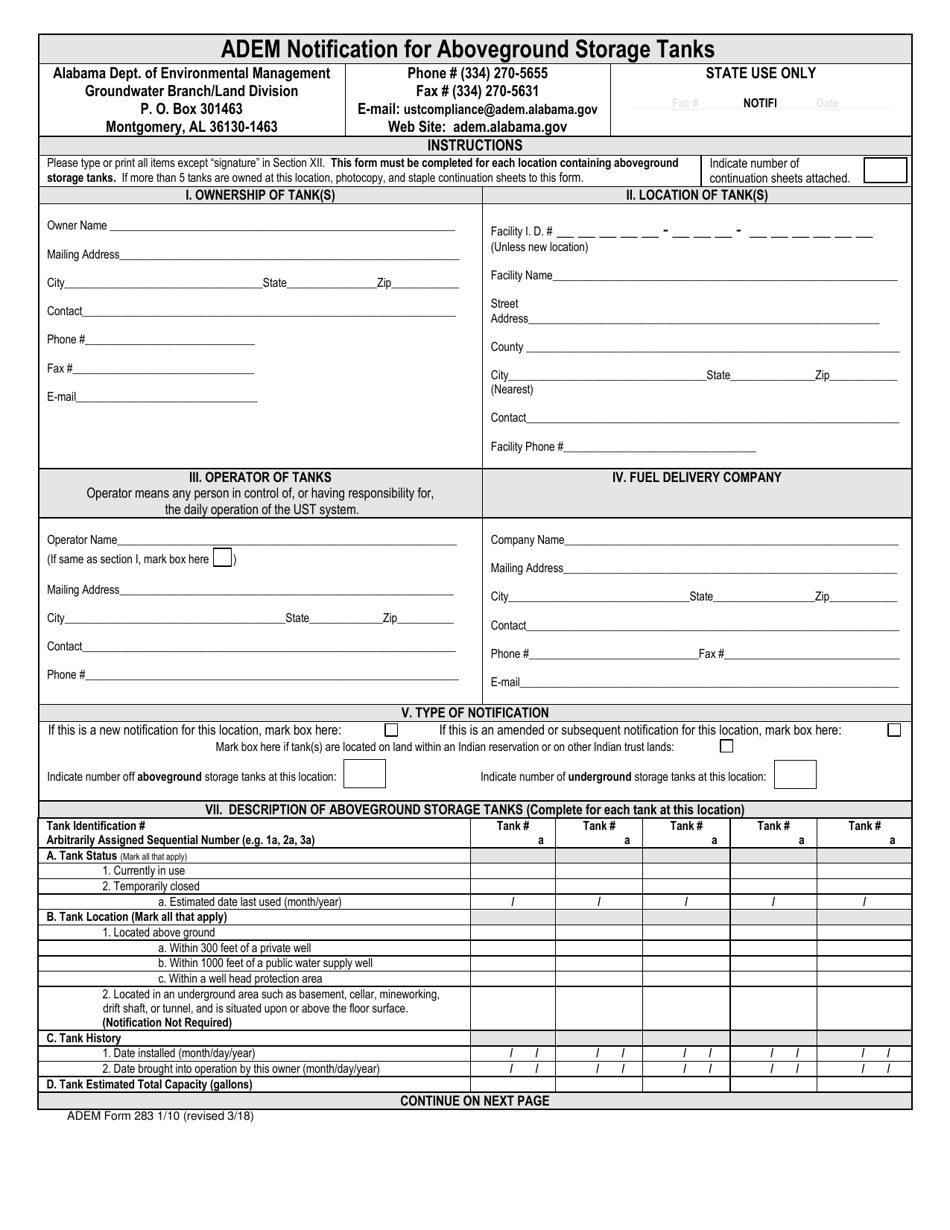 ADEM Form 283 ADEM Notification for Aboveground Storage Tanks - Alabama, Page 1