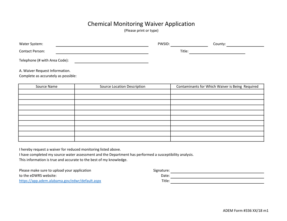 ADEM Form 336 Chemical Monitoring Waiver Application - Alabama, Page 1