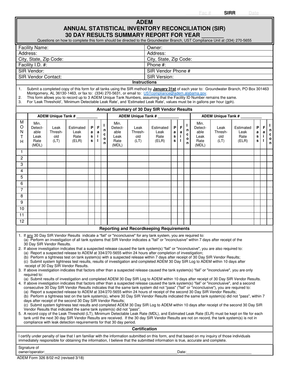 ADEM Form 326 Annual Statistical Inventory Reconciliation (Sir) 30 Day Results Summary Report - Alabama, Page 1