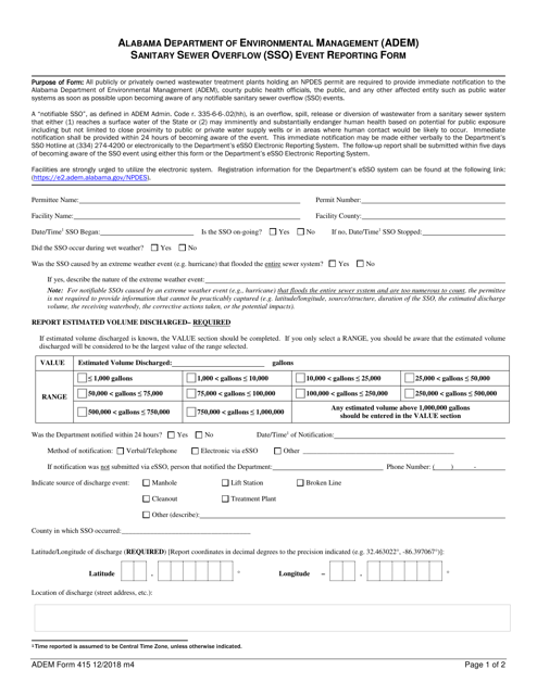 ADEM Form 415 Sanitary Sewer Overflow (Sso) Event Reporting Form - Alabama