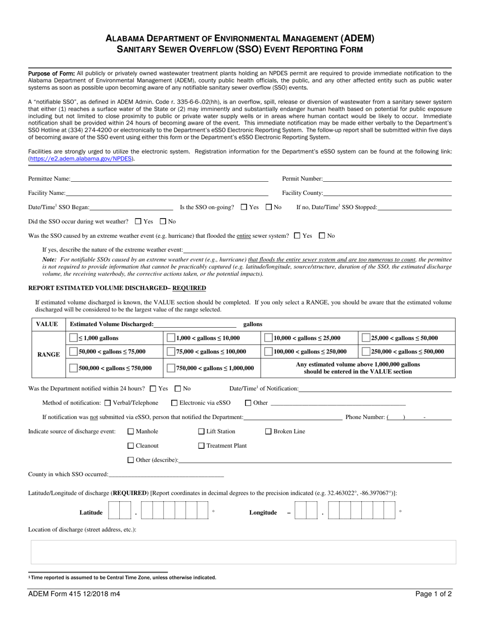 ADEM Form 415 Sanitary Sewer Overflow (Sso) Event Reporting Form - Alabama, Page 1