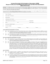Document preview: ADEM Form 452 Request for Release From Npdes Permit Monitoring and Reporting Requirements (Mining Operations) - Alabama