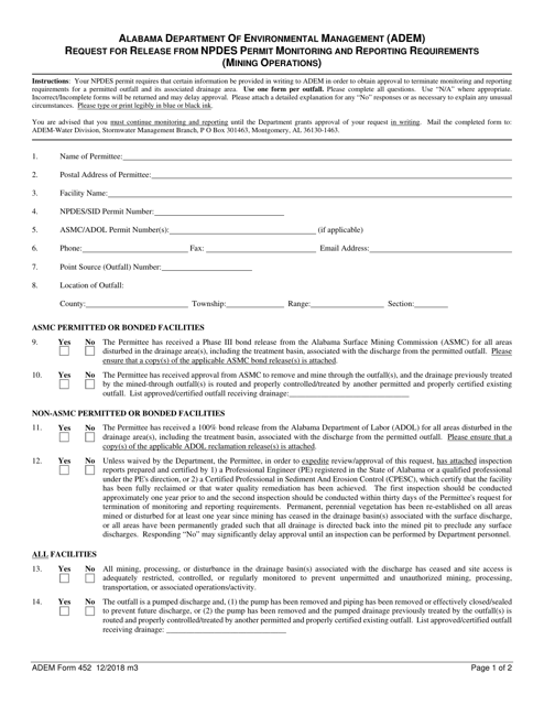 ADEM Form 452 Request for Release From Npdes Permit Monitoring and Reporting Requirements (Mining Operations) - Alabama