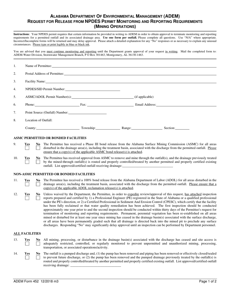 ADEM Form 452 Request for Release From Npdes Permit Monitoring and Reporting Requirements (Mining Operations) - Alabama, Page 1