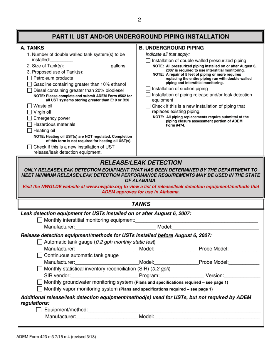 ADEM Form 423 Notice of Proposed Underground Storage Tank (Ust) System New Installation or Modification - Alabama, Page 2