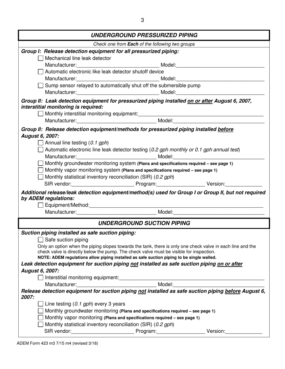 ADEM Form 423 Notice of Proposed Underground Storage Tank (Ust) System New Installation or Modification - Alabama, Page 3