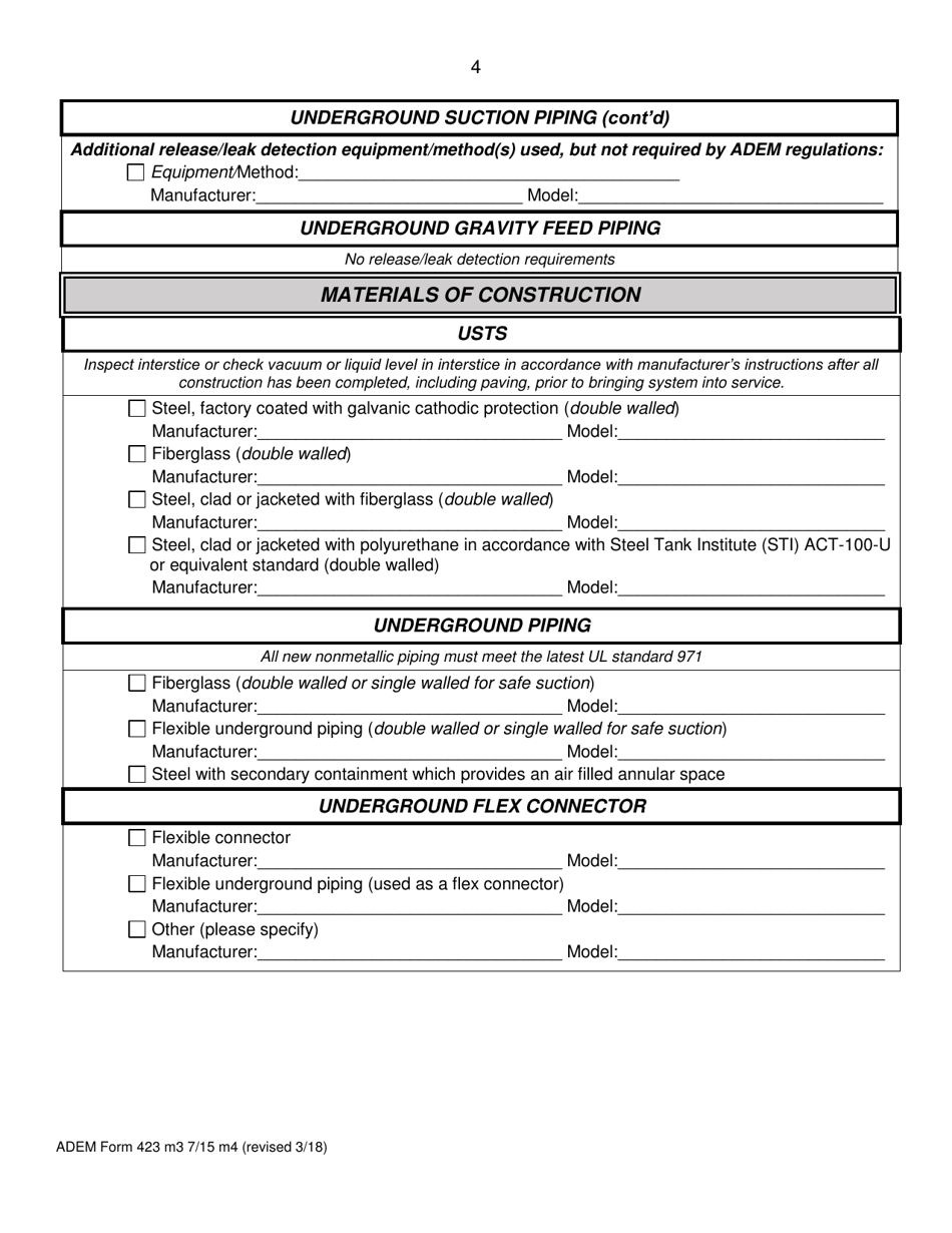 ADEM Form 423 Notice of Proposed Underground Storage Tank (Ust) System New Installation or Modification - Alabama, Page 4