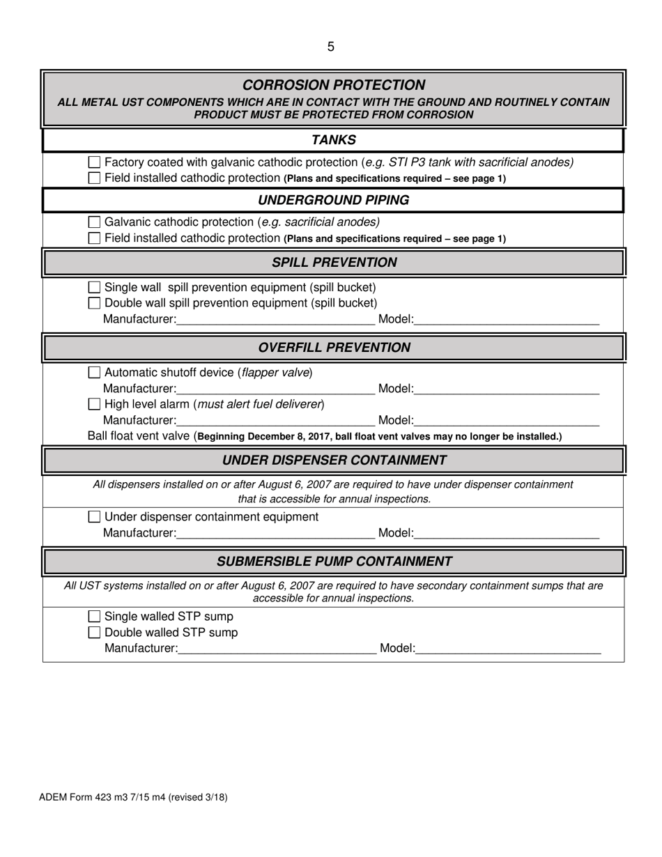 ADEM Form 423 Notice of Proposed Underground Storage Tank (Ust) System New Installation or Modification - Alabama, Page 5