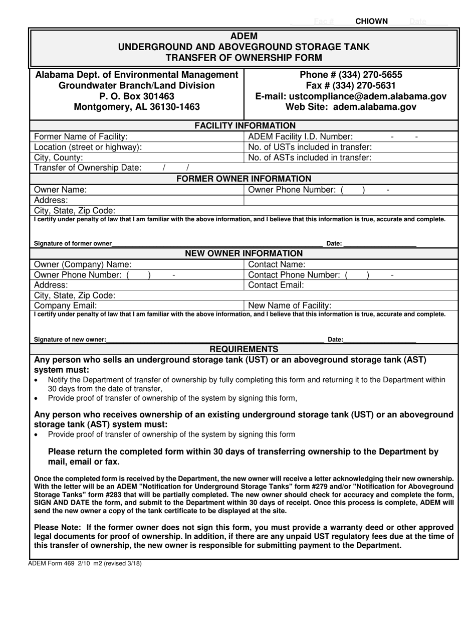 ADEM Form 469 Underground and Aboveground Storage Tank Transfer of Ownership Form - Alabama, Page 1