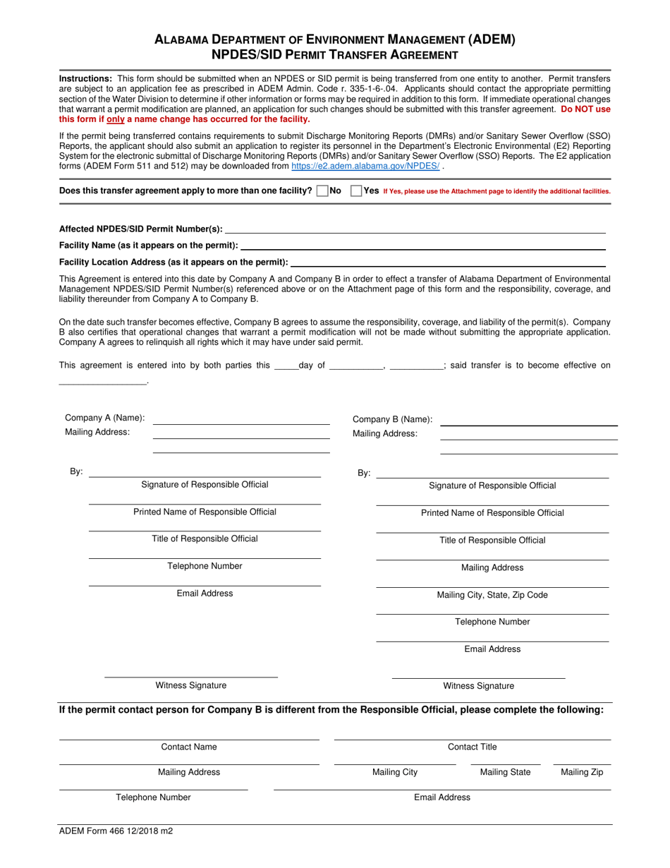 ADEM Form 466 Npdes / Sid Permit Transfer Agreement - Alabama, Page 1