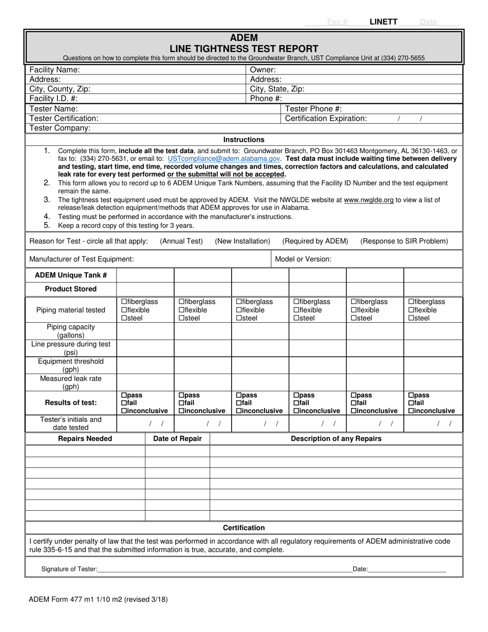 ADEM Form 477 Line Tightness Test Report - Alabama, Page 1