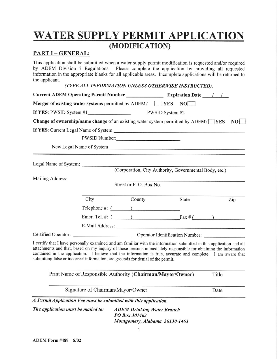 ADEM Form 489 Drinking Water - Modification Permit Application - Alabama, Page 1