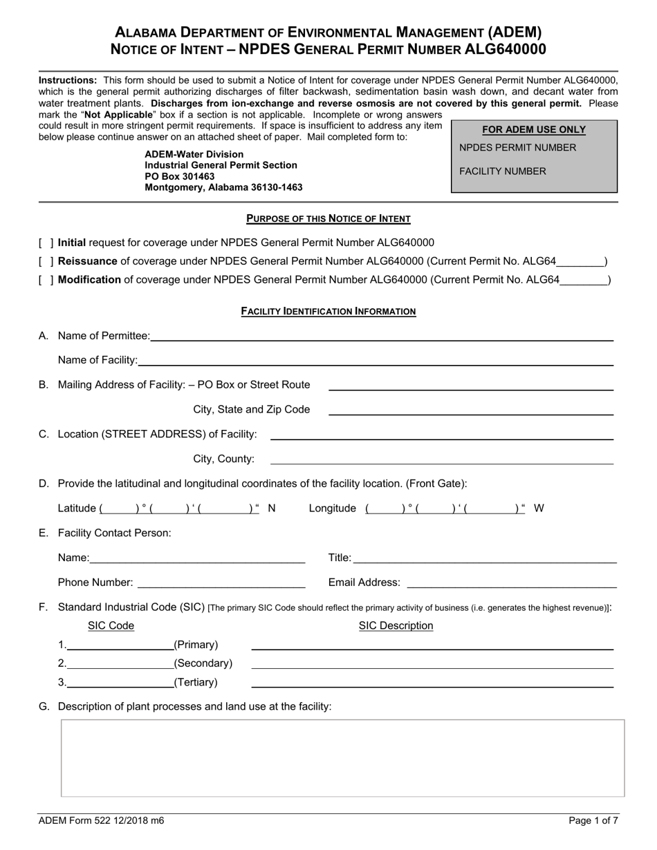 ADEM Form 522 Notice of Intent - Npdes General Permit Number Alg640000 - Alabama, Page 1