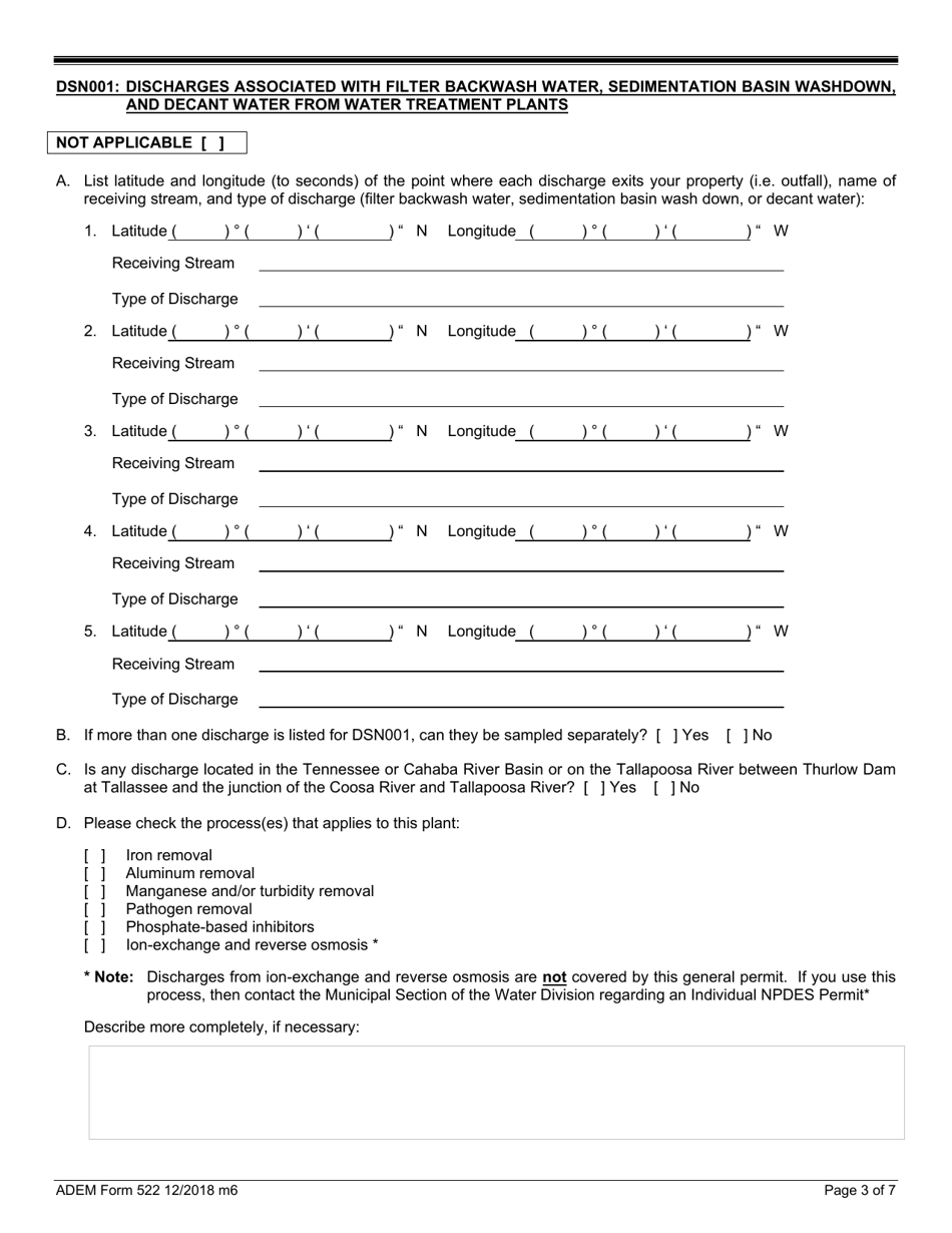 ADEM Form 522 Notice of Intent - Npdes General Permit Number Alg640000 - Alabama, Page 3