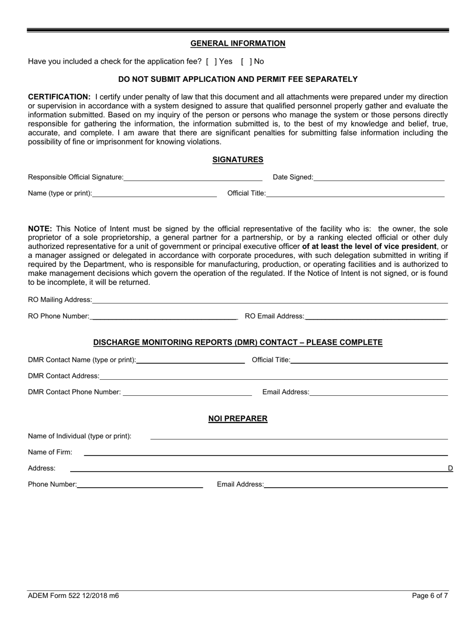 ADEM Form 522 Download Printable PDF or Fill Online Notice of Intent ...