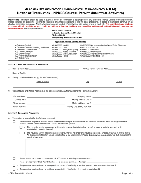 ADEM Form 554 Notice of Termination - Npdes General Permits (Industrial Activities) - Alabama