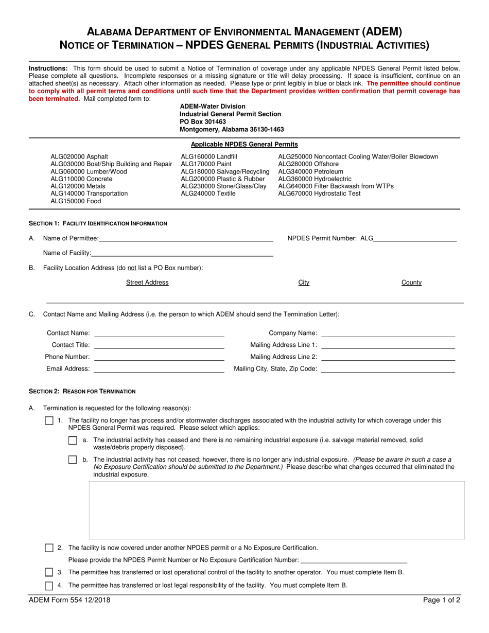 ADEM Form 554 Notice of Termination - Npdes General Permits (Industrial Activities) - Alabama, Page 1