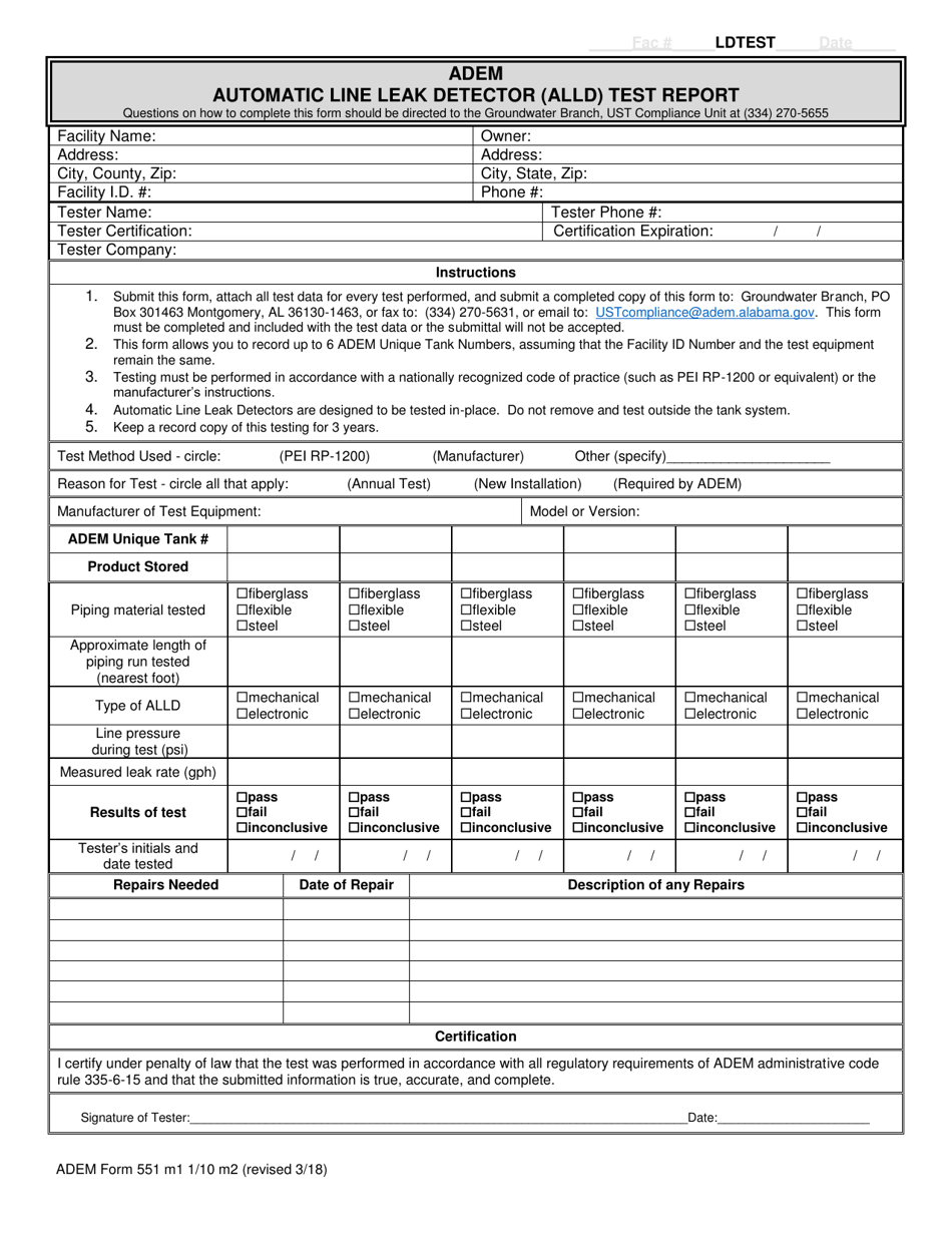 ADEM Form 551 Automatic Line Leak Detector (Alld) Test Report - Alabama, Page 1