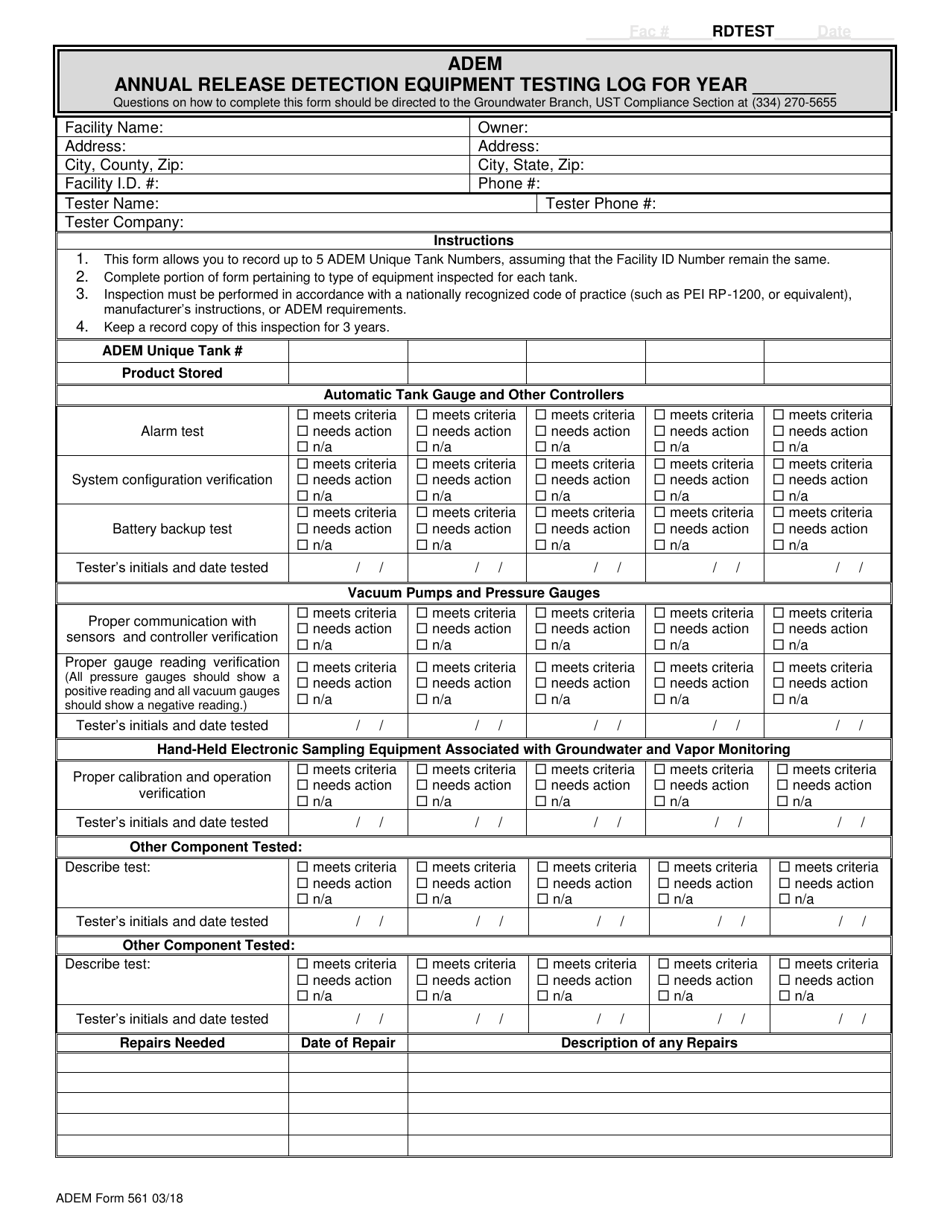 ADEM Form 561 Annual Release Detection Equipment Testing Log - Alabama, Page 1