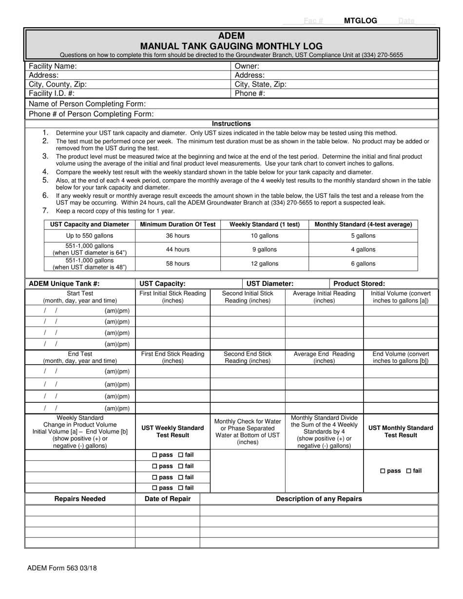 ADEM Form 563 Manual Tank Gauging Monthly Log - Alabama, Page 1