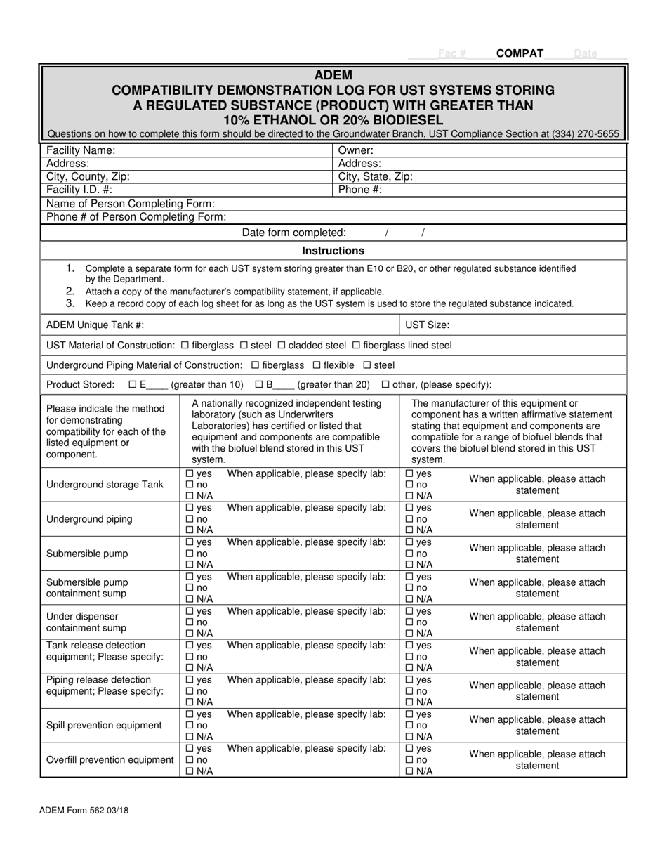 ADEM Form 562 Compatibility Demonstration Log for Ust Systems Storing a Regulated Substance (Product) With Greater Than 10% Ethanol or 20% Biodiesel - Alabama, Page 1