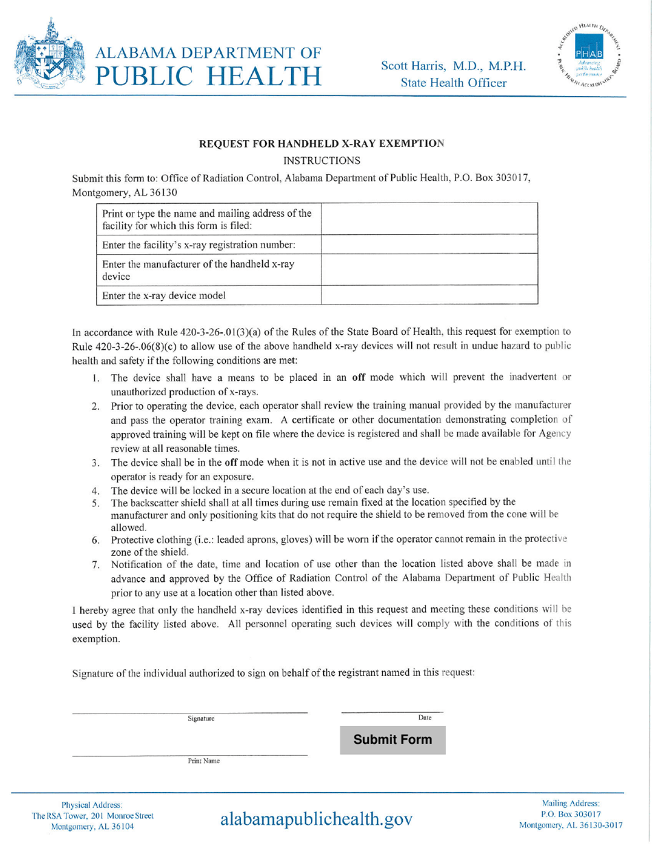 Request for Handheld X-Ray Exemption - Alabama, Page 1