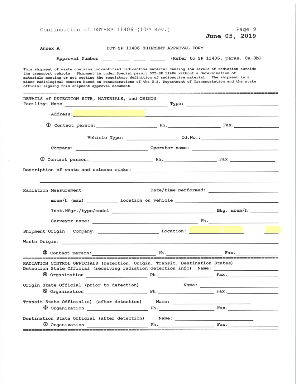 Form DOT-SP11406 Annex A Shipment Approval Form, Page 1