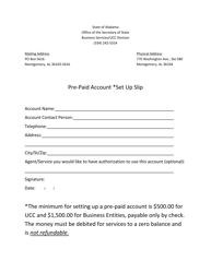 Document preview: Pre-paid Account Set up Slip - Alabama