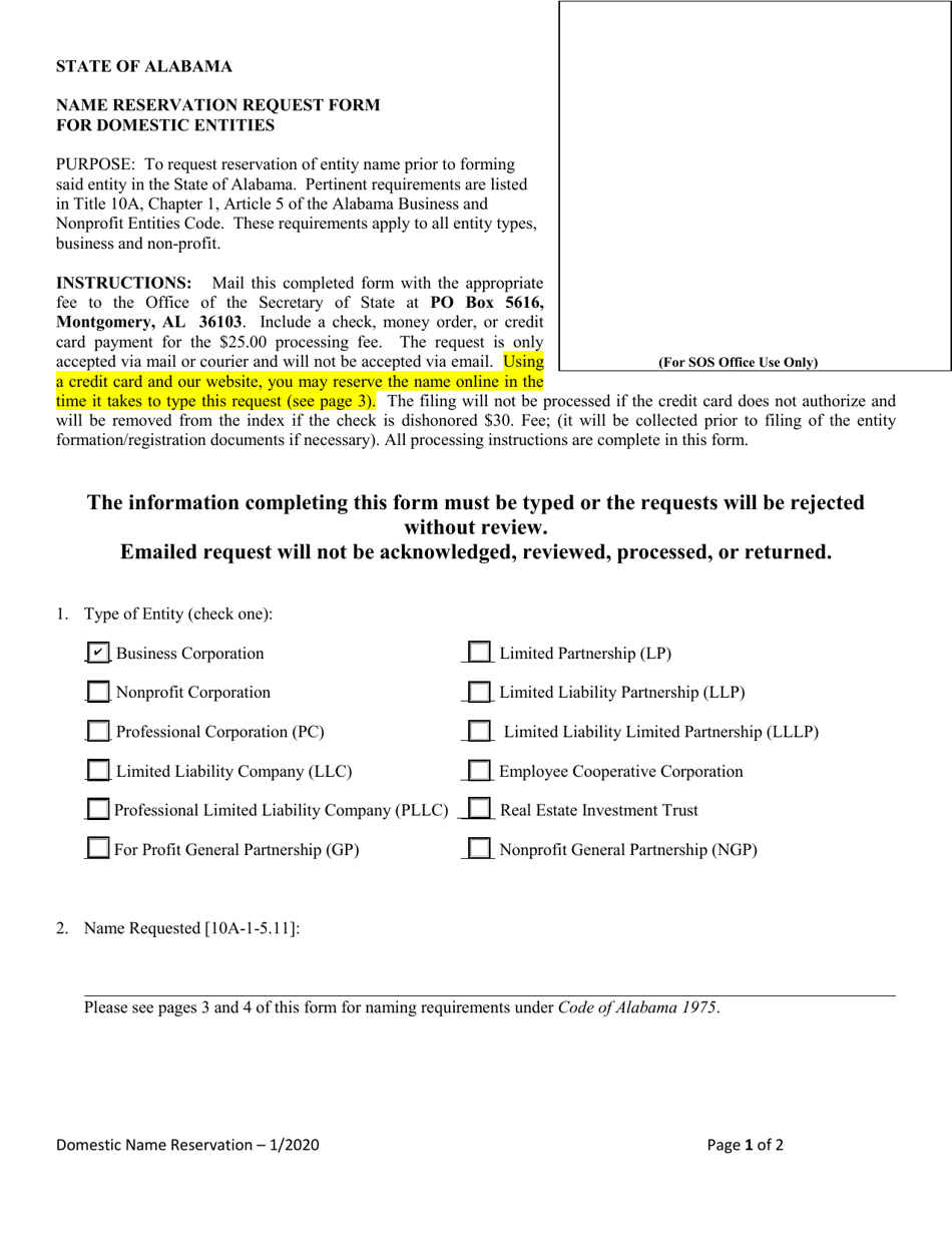 Name Reservation Request Form for Domestic Entities - Alabama, Page 1