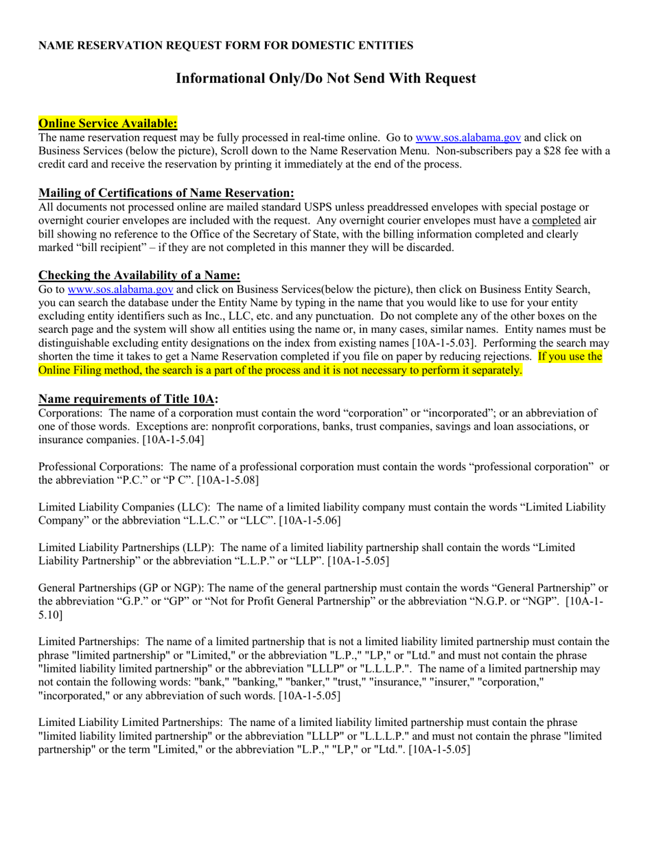 Name Reservation Request Form for Domestic Entities - Alabama, Page 3