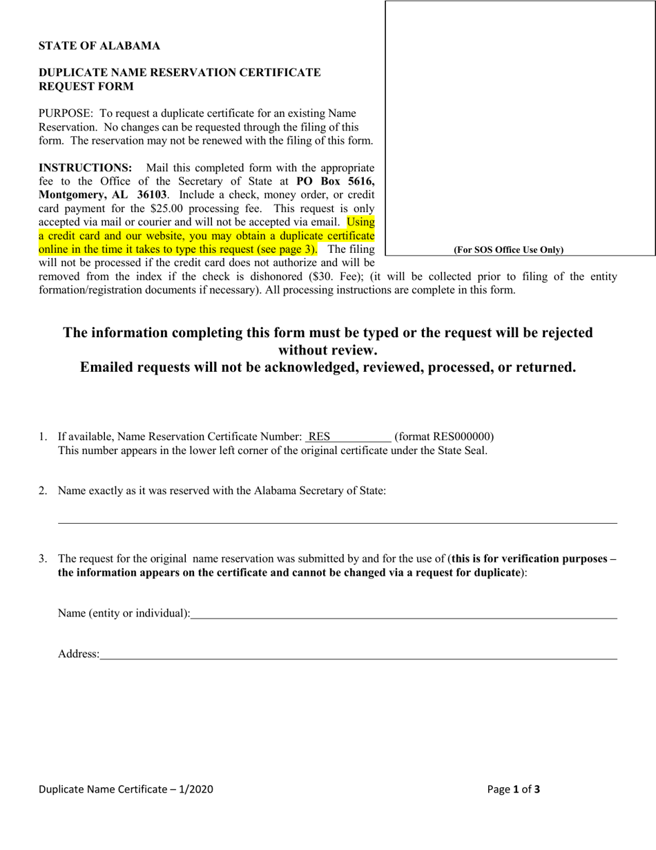 Duplicate Name Reservation Certificate Request Form - Alabama, Page 1