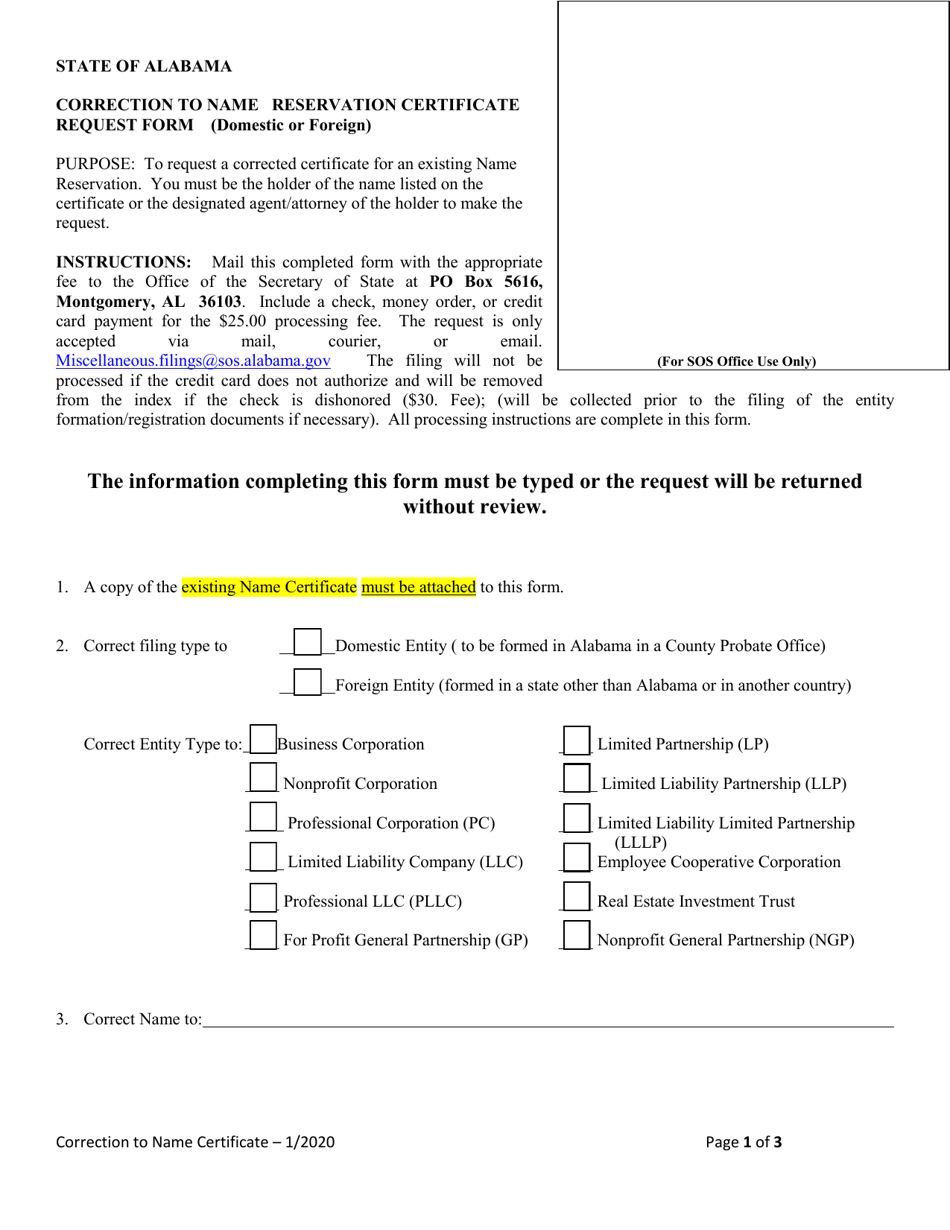Correction to Name Reservation Certificate Request Form (Domestic or Foreign) - Alabama, Page 1
