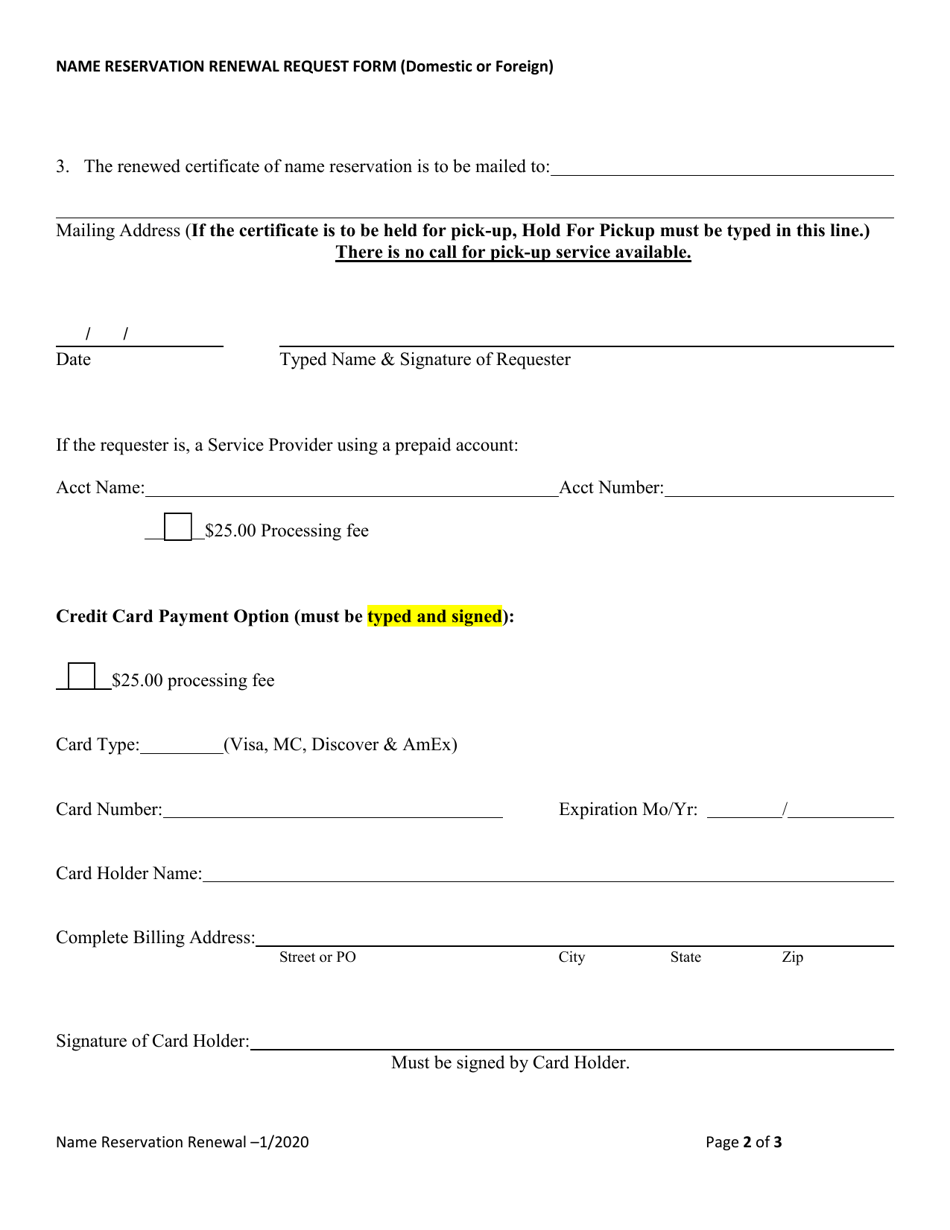 Name Reservation Renewal Request Form (Domestic or Foreign) - Alabama, Page 2