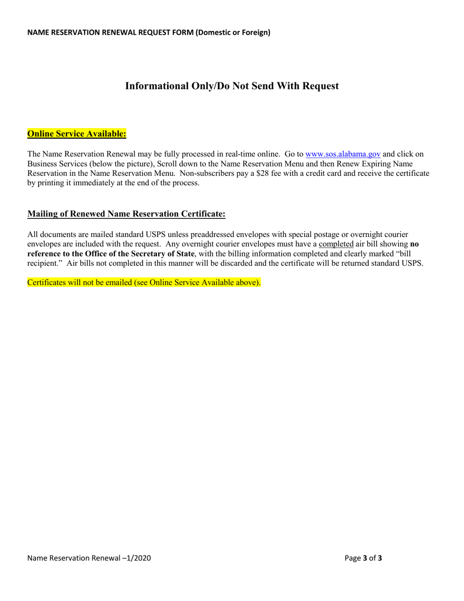 Name Reservation Renewal Request Form (Domestic or Foreign) - Alabama, Page 3