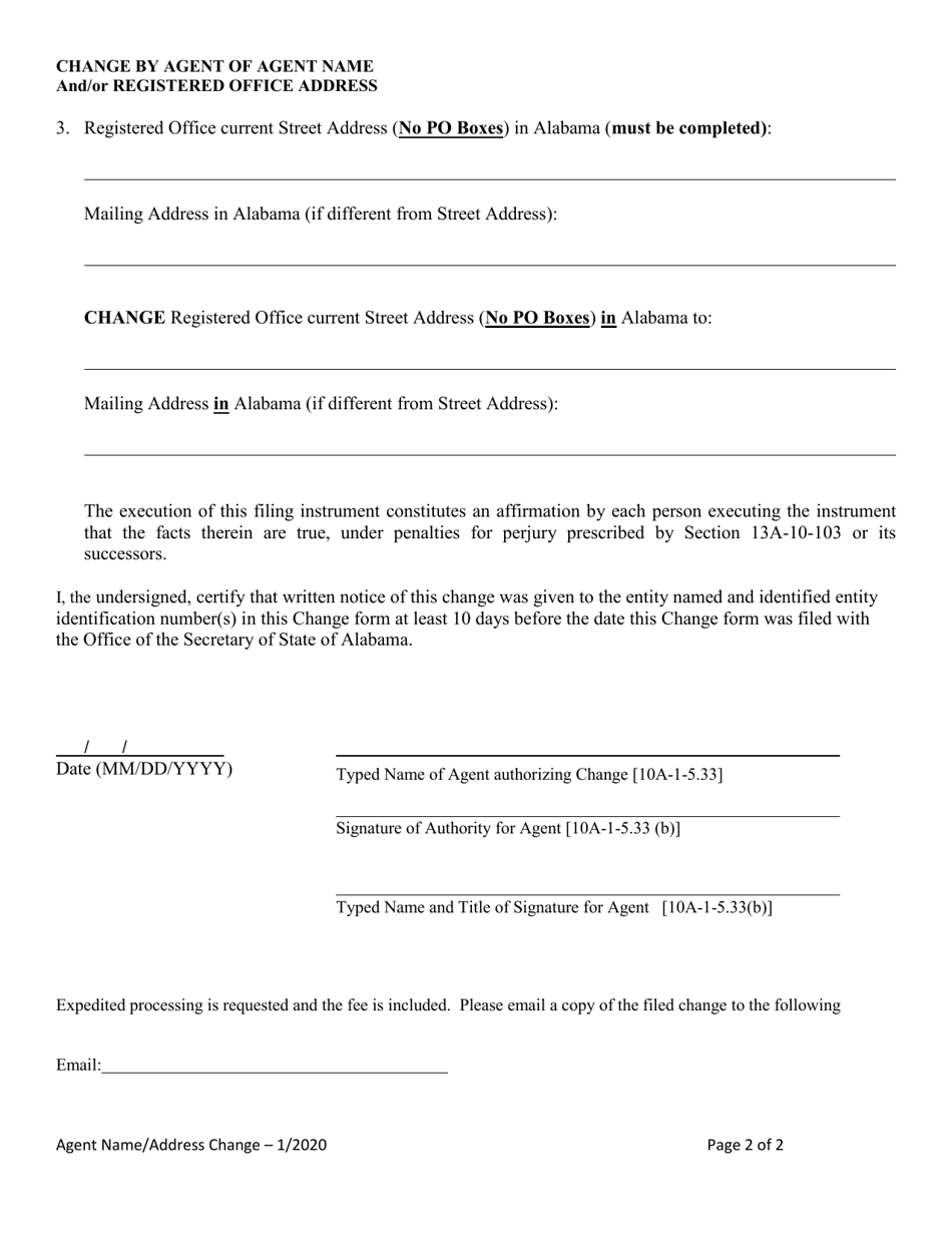 Change by Agent of Agent Name and / or Registered Office Address - Alabama, Page 2