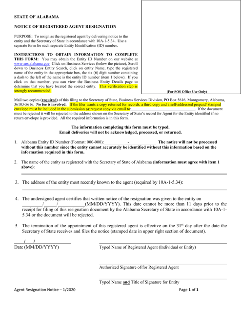 Notice of Registered Agent Resignation - Alabama Download Pdf
