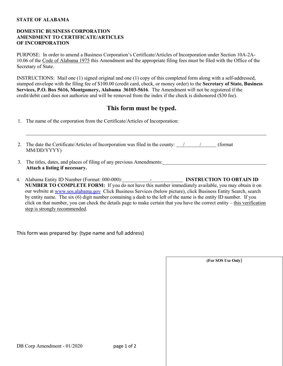 Domestic Business Corporation Amendment to Certificate / Articles of Incorporation - Alabama, Page 1
