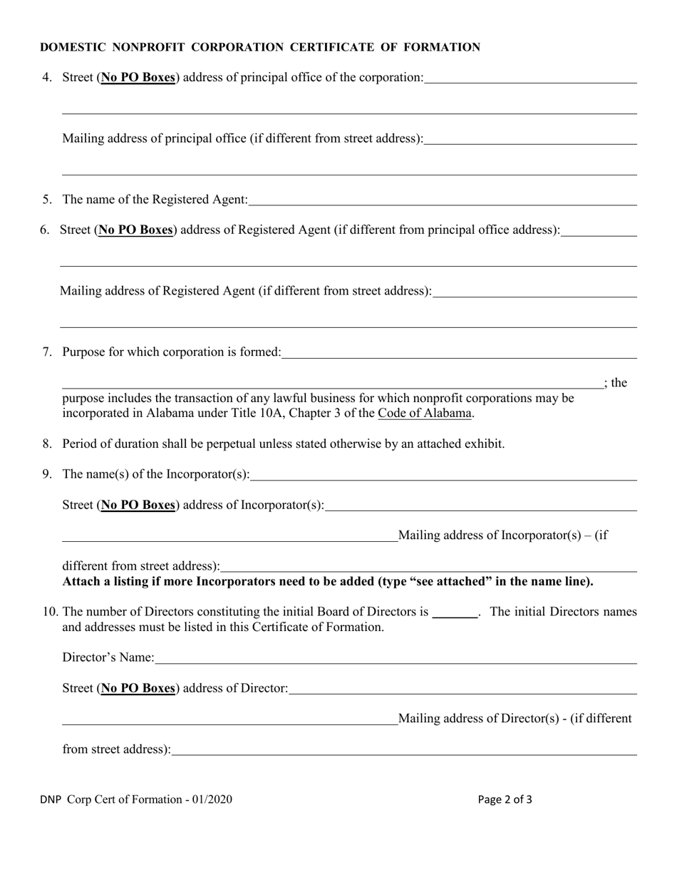 Domestic Nonprofit Corporation Certificate of Formation - Alabama, Page 2