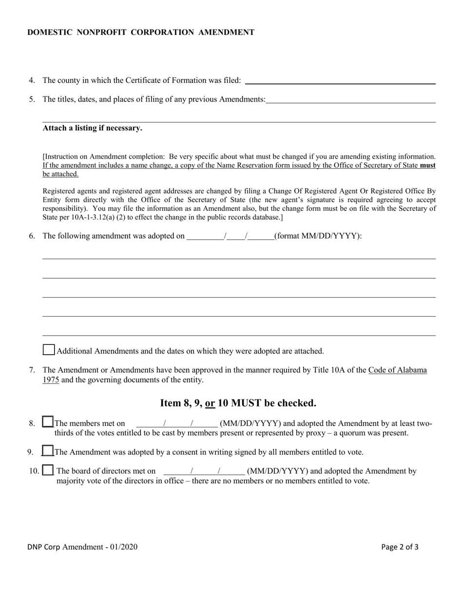 Domestic Nonprofit Corporation Amendment to Formation / Articles - Alabama, Page 2